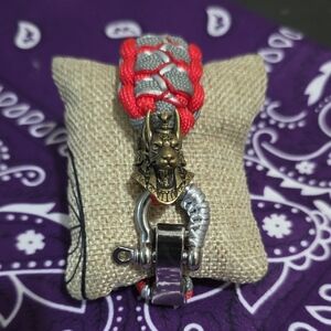 Red and Silver Braided Paracord Bracelet with Brass Lion Head
